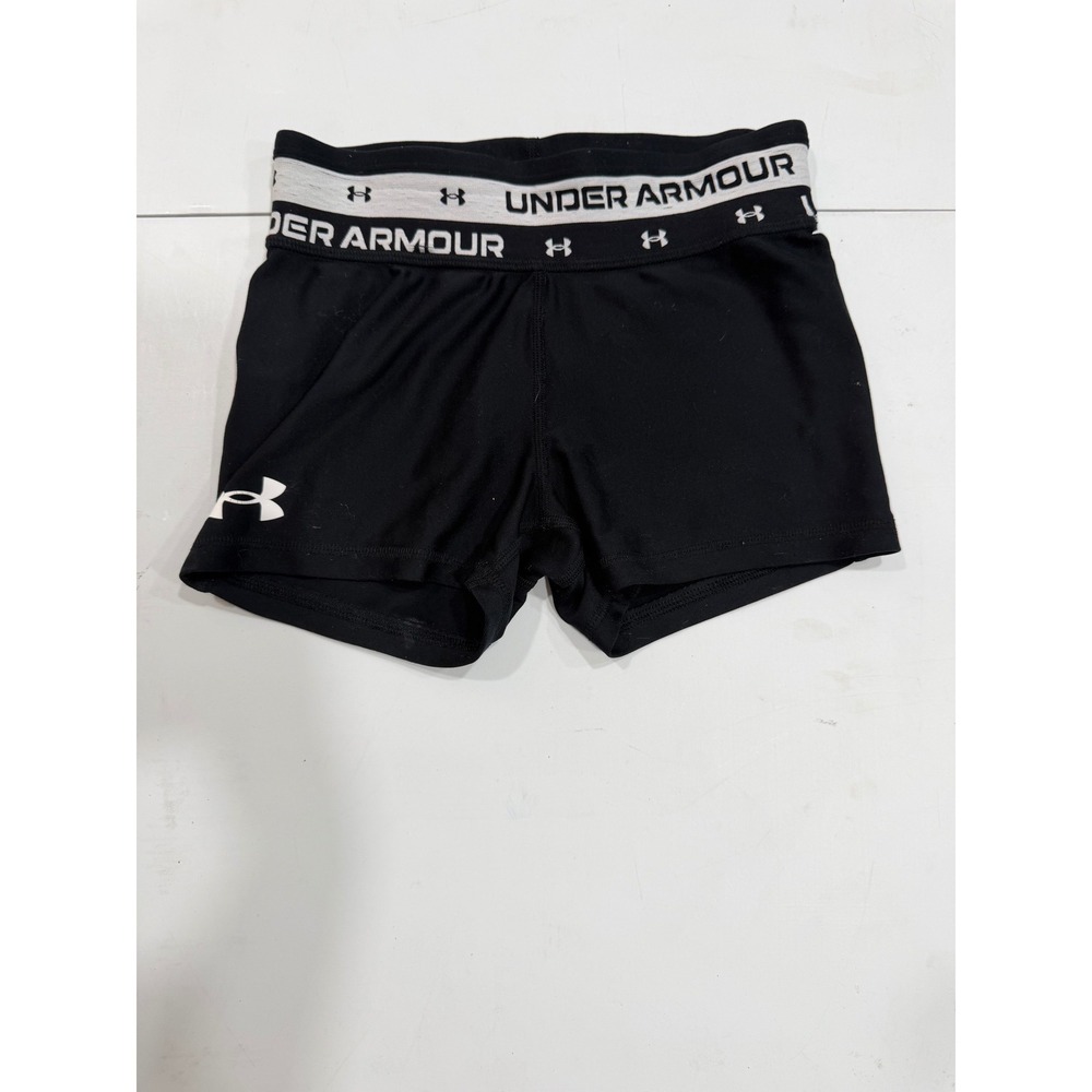 Under Armour Girls HeatGear Compression Shorts Black White Logo Size YMD Medium
